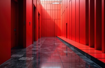 Aufkleber - Red urban building corridor. Modern architecture detail. Geometric lines. Steel structure. Industrial design. Futuristic city infrastructure. Abstract background. Rectangular blocks. Solid red