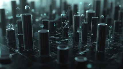 Poster - Abstract representation of data visualization with cylindrical structures and bubbles.