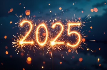 Aufkleber - Sparkler light trails form 2025. New years eve celebration. Festive firework night. Happy New Year. Holiday greeting card design. Bright shiny party background
