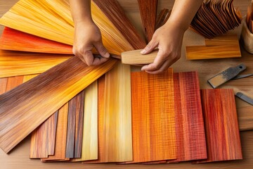 Poster - A person arranging colorful wooden samples for design or crafting purposes.