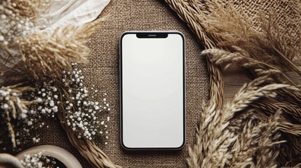 Poster - A blank smartphone on a textured surface surrounded by dried plants and flowers.