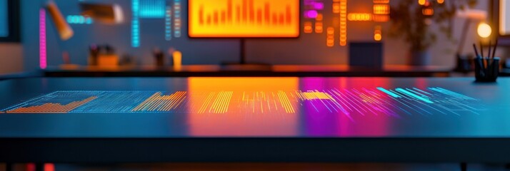 Poster - A modern workspace with digital data visualizations and vibrant lighting.