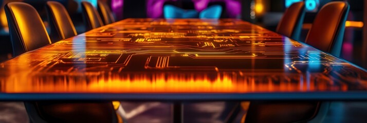 Poster - A modern conference table with a circuit board design, illuminated for a tech-oriented setting.