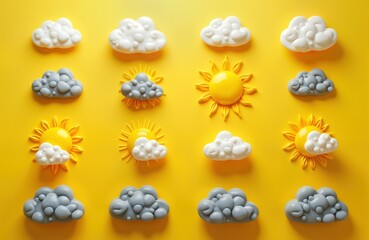 Aufkleber - Colorful weather icons sun clouds rain yellow background. Minimalistic design app web. Meteorology forecast climate app. Weather app design element. Sun symbol cloud symbol.