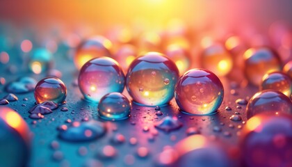 Poster - Colorful water bubbles on vibrant background. Close up view of transparent spheres. Airy design. Soap bubbles. Abstract illustration. Graphic. Circle shapes. Ball texture. Water droplets. Shiny