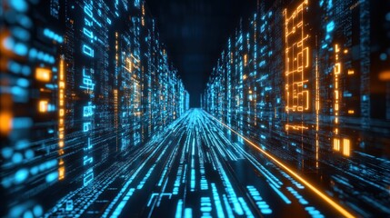 Aufkleber - A digital tunnel with glowing blue and orange data streams, representing technology and information flow.
