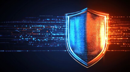 Aufkleber - A digital shield graphic symbolizing cybersecurity with blue and orange elements.