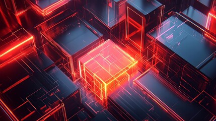 Poster - An abstract image featuring illuminated geometric shapes and blocks, showcasing a futuristic design with vibrant glowing edges.