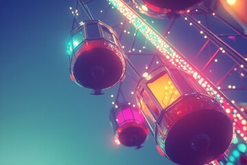 Poster - Colorful lanterns illuminate a carnival ride against a vibrant twilight sky.