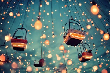 Poster - A whimsical scene of illuminated gondolas hanging against a twilight sky.
