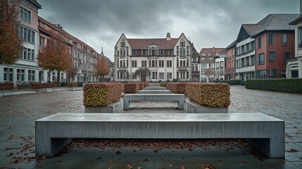Poster - A serene urban square featuring benches and modern architecture under a cloudy sky.