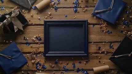 Poster - A decorative arrangement featuring gifts, confetti, and a blank frame for a celebratory occasion.