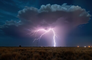 lightning strikes flat land at night. dramatic thunderstorm over new mexico field. powerful bolt hit