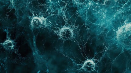 Poster - Abstract representation of cellular structures in a blue, ethereal environment.