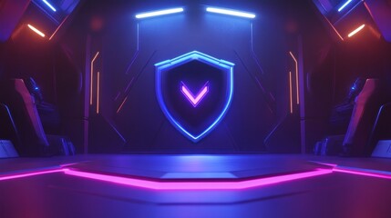 Poster - A futuristic, neon-lit environment featuring a shield emblem, suggesting technology and security.
