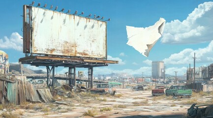 Poster - A desolate landscape featuring a rusty billboard and abandoned cars under a blue sky.