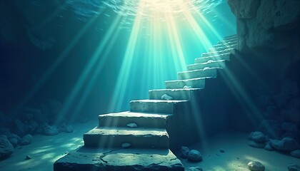 Aufkleber - Sunbeams filter through ocean water illuminating submerged concrete stairs. Aquatic scene. Underwater exploration. Mysterious deep sea. Tranquil blue abyss. Diving adventure. Surreal undersea world.