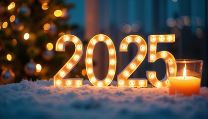 Poster - Illuminated 2025 sign rests on faux snow. Christmas tree bokeh background. Burning candle adds festive winter ambiance. New year celebration image. Perfect for greeting cards.
