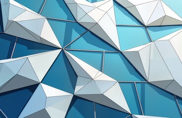 Aufkleber - Abstract geometric building facade. Modern architecture design. Blue glass triangle panels. White triangular shapes. Contemporary urban city exterior. Sleek angular structure. Futuristic building
