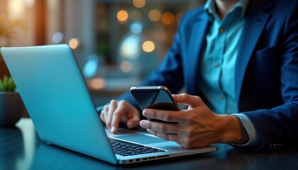 Poster - Businessman uses laptop phone. Man works online. E commerce digital marketing. Global internet connection. Finance app. Mobile banking. Data analysis. Financial intelligence. Smart tech. Online