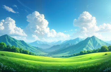 Wall Mural - Green valley meadows. Mountain range under blue sky. Sunny summer day. Cloud landscape. Nature background. Eco tourism. Travel scenery. Peaceful rural scene. Beautiful environment. Global