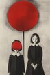 © Miodrag - Two figures standing under a large red circle in monochrome art style
