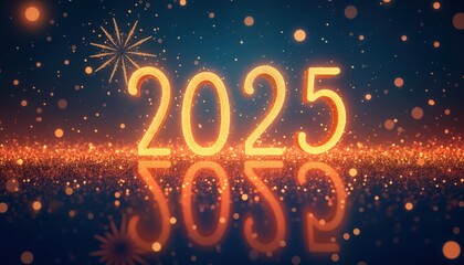 Poster - Glowing 2025 New Year numbers. Gold sparkle background. Festive winter design. Celebration event. Holiday greeting card. Party invitation template. Bright shiny light bokeh. Abstract luxury concept.