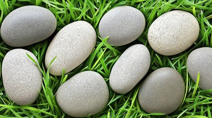 Aufkleber - A collection of smooth stones arranged on lush green grass.