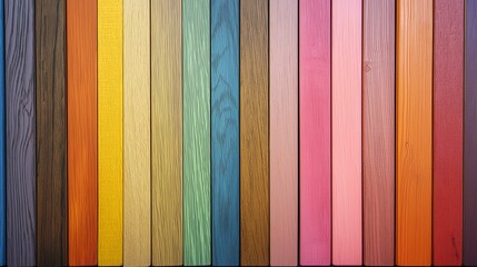 Wall Mural - Vibrant vertical wooden planks in a rainbow pattern, showcasing diverse colors and wood textures.