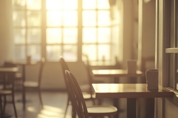 Poster - A sunlit café interior with wooden tables and chairs, creating a warm, inviting atmosphere.