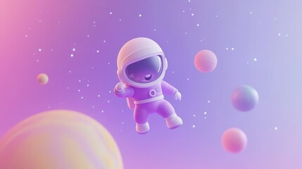Poster - A cute astronaut floats in space among colorful planets against a gradient background.