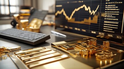 Poster - A desk scene featuring gold bars, coins, and a financial graph on a computer screen.