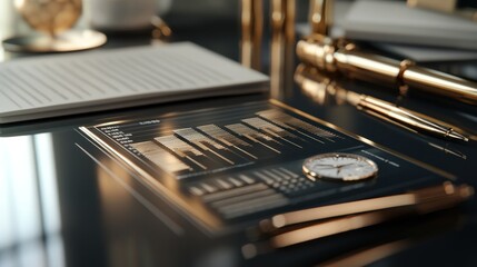Poster - A sophisticated workspace featuring a report, clock, and elegant writing tools.