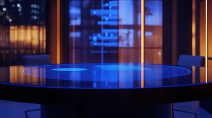 Poster - A modern conference table with a glowing surface, set in a sleek, illuminated environment.