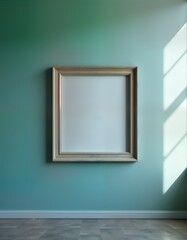 Poster - Empty light wood frame hangs on teal wall. Blank picture mockup. Room interior design element. Modern house. Copy space for text. Home decor. Minimalist style. Simple background. Clean interior.