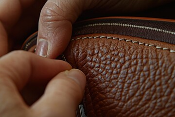 Poster - A close-up of a hand sewing a leather item, highlighting craftsmanship and detail.