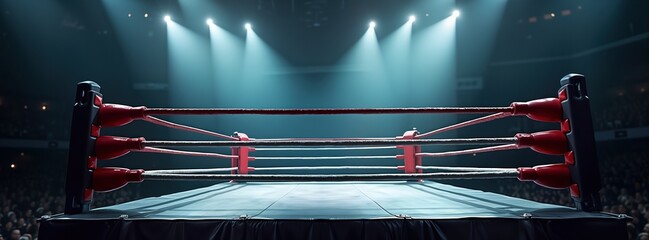 Aufkleber - Empty boxing arena. Octagon platform illuminated by spotlights. Night boxing match. Professional sport event. Studio fight scene. Dramatic action challenge. Strength competition. Dark gym background.