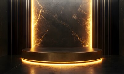 Poster - A dark gold podium featuring an elegant backlight that adds depth and luxury to the 3D product