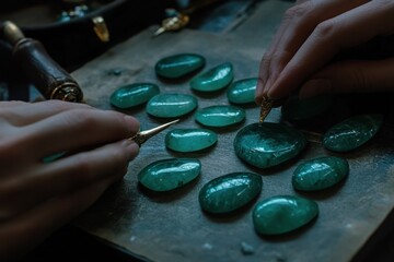 Aufkleber - Hands meticulously working on polished green gemstones on a dark surface.