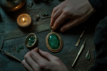 Aufkleber - A craftsman examines a large green gemstone pendant amidst various tools and materials.