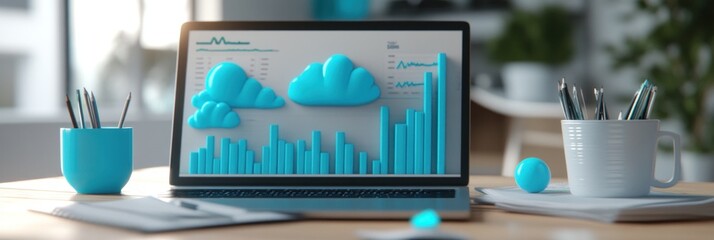 Poster - A modern workspace featuring a laptop displaying data visualizations and cloud graphics.