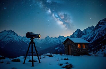 Telescope on tripod stands in snowy mountains under starry night sky. Milky way galaxy visible. Cozy stone house nearby. Astronomy hobby. Winter adventure. Space exploration. Stargazing.