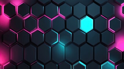Poster - Abstract neon lights in glowing geometric shapes forming a honeycomb grid, with vibrant cyan and pink tones