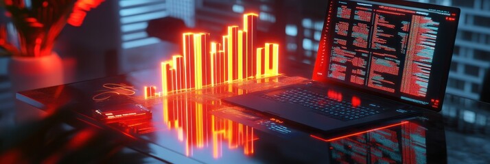 Poster - A futuristic workspace featuring a laptop with data visualizations and glowing sound bars.