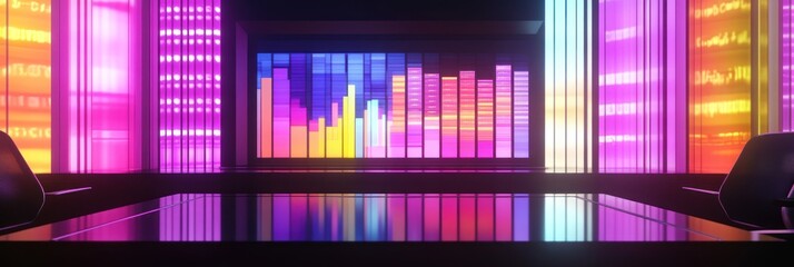 Aufkleber - A vibrant digital display with colorful bars and lights in a modern workspace.