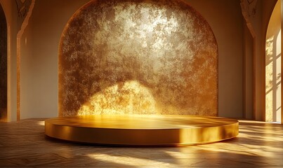 Poster - A sophisticated gold podium with intricate textures and a gentle, warm light casting elegant shadows