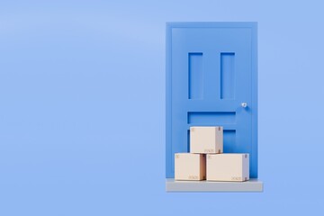 Poster - 3D To Your Door Delivery icon. Minimal Courier delivery package in front blue door. Online Shopping Concept. Fast Delivery, logistic Concept. 3d Deliveries of online orders outside the door. 3d render