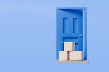 Poster - 3D To Your Door Delivery icon. Minimal Courier delivery package in front blue door. Online Shopping Concept. Fast Delivery, logistic Concept. 3d Deliveries of online orders outside the door. 3d render