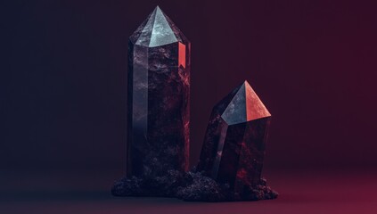 Poster - Two crystal formations with sharp peaks on a dark, textured base, illuminated with gradient lighting.