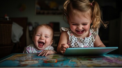 Poster - Two young children joyfully interacting with a tablet on a colorful map.